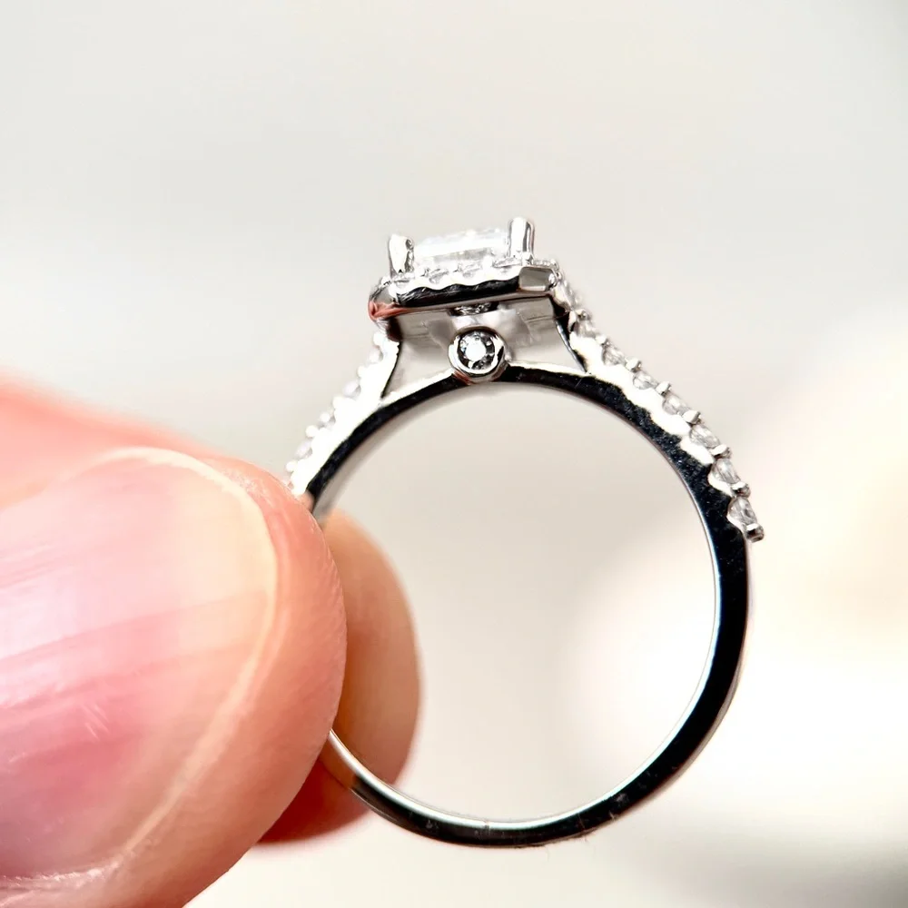 1.35ctw S925 Moissanite Emerald Cut Halo Engagement Ring 18K Gold Plate